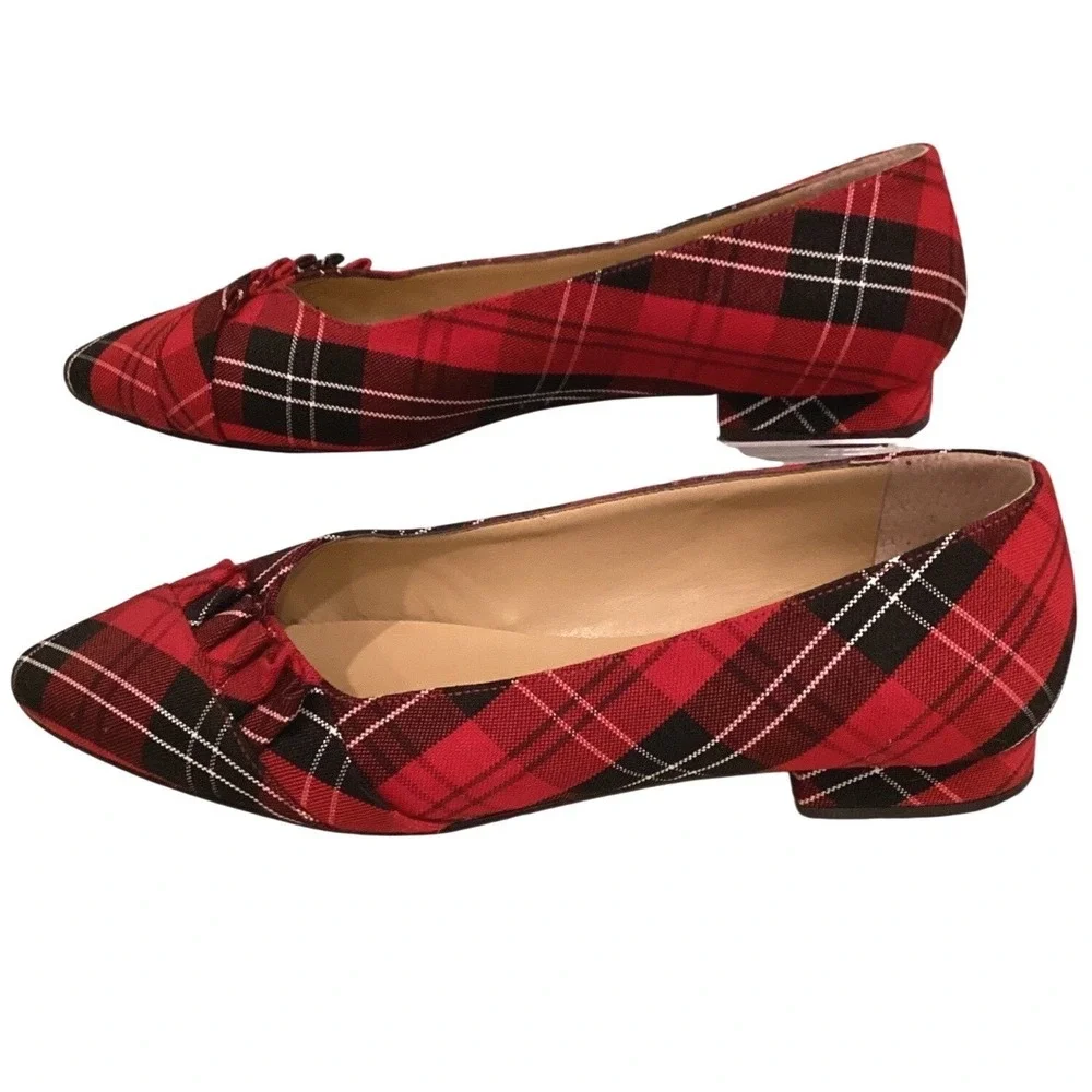 Talbots Edison Pleated Holiday Plaid‎ Pointed Toe Bow Flats Slip On Block - 8.5